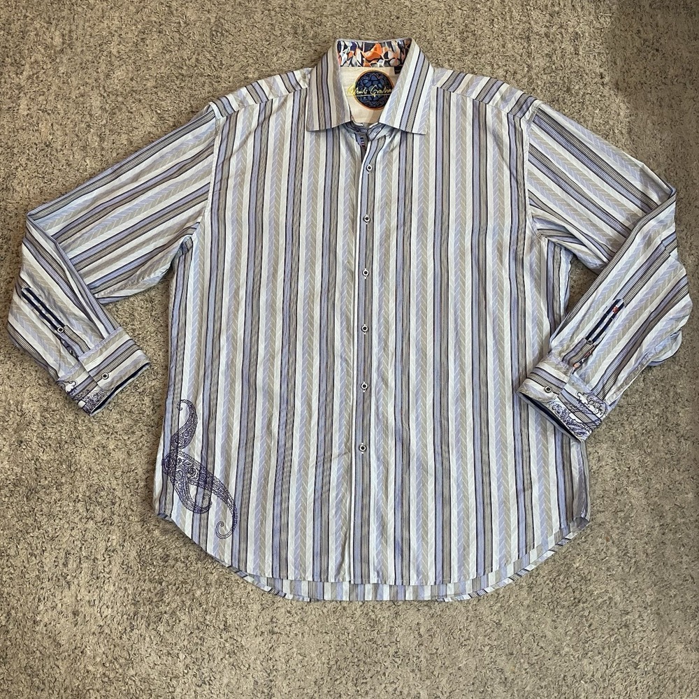 Robert Graham Mens 3XL Striped Long Sleeve Flip Cuff Button Dress Shirt